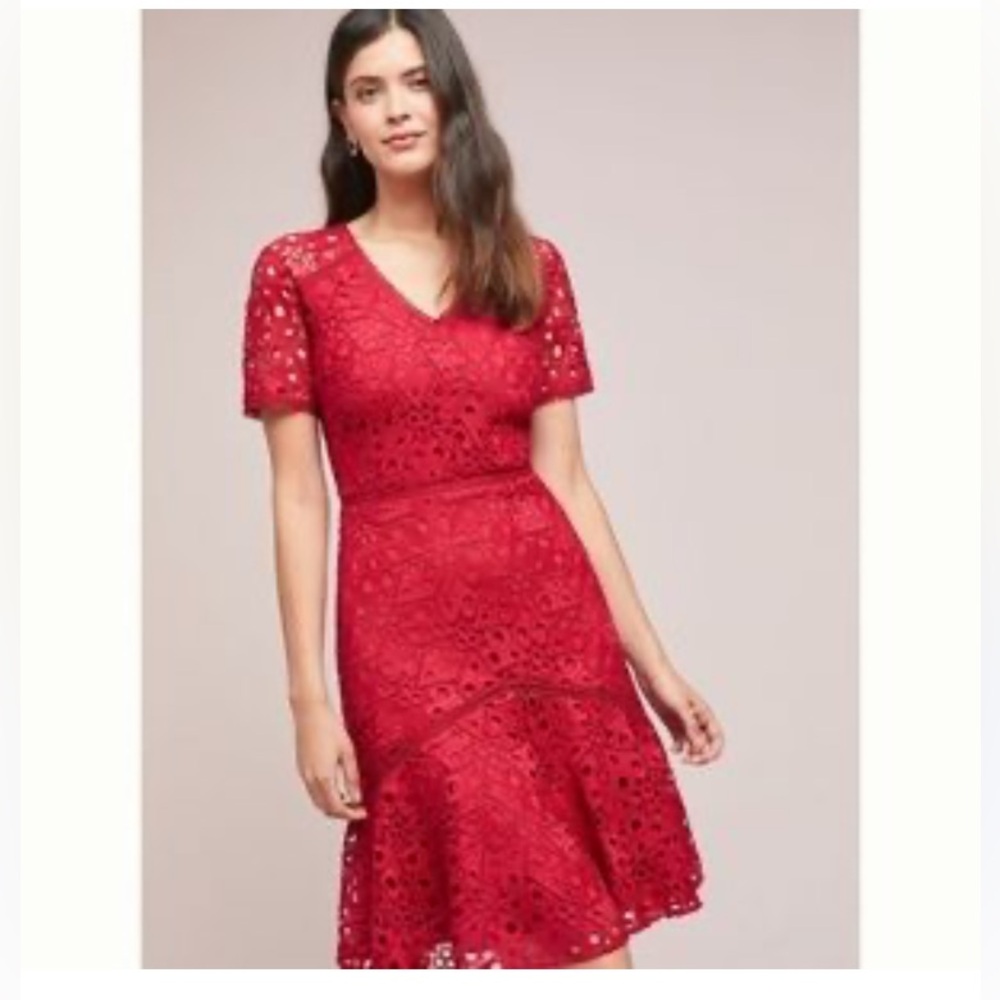 Shoshanna Red Lace Midi Dress with Flared Hem